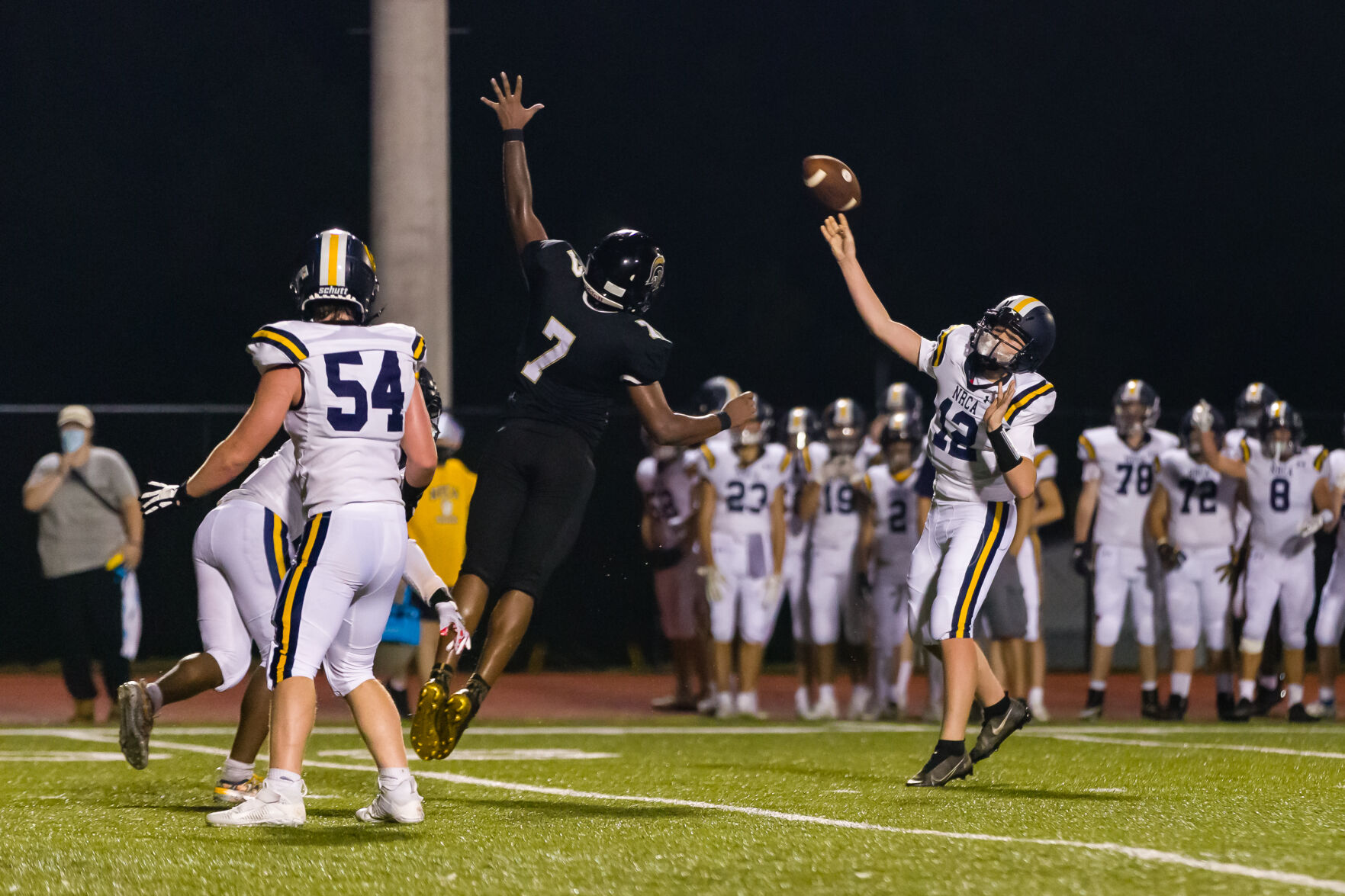 The Cabarrus Warriors (Cannon School / Concord First Assembly) defeat the North Raleigh Christian Academy Knights 21-14 on Friday Night.